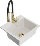 Granitinė virtuvinė plautuvė Mexen Milo su mai&scaron;ytuvu ir sifonu, White+Black/Gold