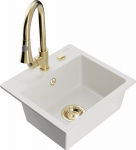 Granitinė virtuvinė plautuvė Mexen Milo su mai&scaron;ytuvu ir sifonu, White/Gold