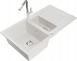 Granitinė virtuvinė plautuvė Mexen Matias su mai&scaron;ytuvu ir sifonu, White/Grey/Chrome