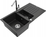 Granitinė virtuvinė plautuvė Mexen Matias su mai&scaron;ytuvu ir sifonu, Metallic black/Silver/Chrome