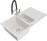 Granitinė virtuvinė plautuvė Mexen Matias su mai&scaron;ytuvu ir sifonu, White/Black/Chrome