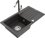 Granitinė virtuvinė plautuvė Mexen Pablo su mai&scaron;ytuvu ir sifonu, Black granite/Chrome