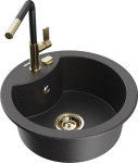 Granitinė virtuvinė plautuvė Mexen Diego su mai&scaron;ytuvu ir sifonu, Black granite/Black/Gold