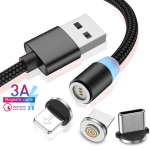 Telefono laidai,magnetinis įkrovimo kabelis | &bdquo;Trys viename&ldquo; nailono pintas kabelis | Greitas įkrovimas Micro USB, Type-C | Telefonai, plan&scaron;etės, juodi