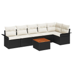 7 dalių sodo sofa rinkinys su pagalvėlėmis Juoda poli ratanas akacijos,2 vietų sodo sofa su sandėliuku ir pagalvėlėmis Juoda poli ratanas