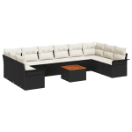 11 dalių Sodo Sofa Rinkinys su pagalvėmis juodos poli ratanas akacijos,2-vietė sodo sofa su saugykla & pagalvėmis juodos poli ratanas