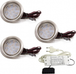 Vislux 3 Led baldų &scaron;viestuvų rinkinys, įleidžiami prožektoriai, nerūdijantis plienas, &scaron;lifuotas, plok&scaron;čias, 3 W, &scaron;iltai balta 3200 K, 200 lm, 12 V + 15 W Led transformatorius 230 V svetainei, virtuvei ir vonios kambariui