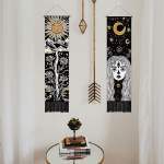 Pligreat 2 vnt. saulės ir mėnulio sienų dekoracijos, paslaptingas meno gobelenas su kutais, vertikalus Taro kortų gobelenas, esteti&scaron;kas ilgas siauras gobelenas miegamajam, svetainei, namų biuro dekorui