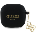 Juodas silikoninis AirPods 4 dėklas su pakabuku Guess