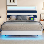Lova 140 &times; 190 cm, su LED lemputėmis ir USB jungtimis, reguliuojamo auk&scaron;čio galvūgaliu, balk&scaron;vos ir mėlynos, spalvos aksominė
