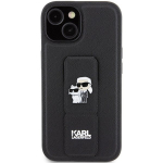 Karl Lagerfeld Gripstand Saffiano Karl&Choupette Pins dėklas iPhone 15 - juodas