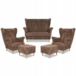 Bonito sofų komplektas su foteliais ir pufais Family Furniture rudos spalvos velvetas