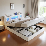 Dvigulė lova, 160 x 200 cm, su USB įkrovimo, LED ap&scaron;vietimu, balta, PU