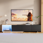 I&scaron;traukiama TV spintelė 163&ndash;240 cm su LED ap&scaron;vietimu, juoda moderni TV komoda svetainei