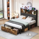 Dvigulė lova 140 x 200 cm, apmu&scaron;ta lova su LED, USB ir 2 stalčiais, PU, ​​ruda