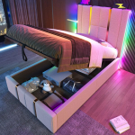Polsteriuota lova 90x200 cm su USB-C, LED, APP valdymas, medinis rėmas, lino audinys, be čiužinio, beige