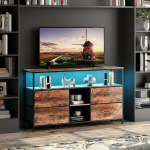 Retro stiliaus auk&scaron;ta TV spintelė su LED ap&scaron;vietimu ir 4 medžiaginiais stalčiais TV stovas su laikymo sistema