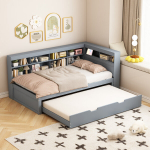 I&scaron;traukiama lova 90x200 cm, USB, stalčiai, medinė, pilka, multifunkcinė