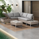 Polirataninė lauko sofa 4-5 vietų, kampinė, stalas su pagalvėmis, nuimamas skalbiamas audinys, khaki
