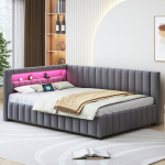 Mink&scaron;ta lova sofa 140x200 cm aksomas su LED ir USB pilka be čiužinio 1 vnt