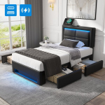 Polsterinė lova 90x190 cm, USB, LED, 4 stalčiai, be čiužinio, juoda