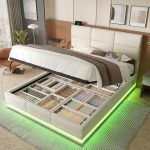 Polsterio lova 180x200 cm, velvetas, LED, USB/Type-C, hidraulinė, XXL saugykla, smėlio