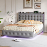 Plaukiojanti dvigulė lova 160x200, LED ir C tipo galvūgalis, jaunimui, aksominė, pilka