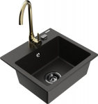 Mexen Milo granitinis virtuvės 1-kamerinis plautuvas su Telma mai&scaron;ytuvu, juodas/auksinis - 6505-75-670200-50-B, 435x410x171 mm