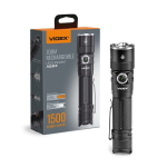 LED žibintuvėlis, įkraunamas 20 W Videx, su reguliuojamu priartinimu ir taktiniu mygtuku, ličio jonų baterija 4000 mAh