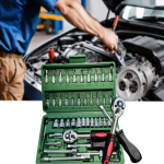 46 dalių Tėvo dienos įrankių rinkinys: 1/4 galvučių ir metrinis raktas su CR-V galvutėmis (4-14mm), prailginimo strypas - puikiai tinka namų ir automobilių remontui.,  46 vienetai žali