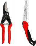Felco 5 sekatoriai (pjovimo skersmuo 25 mm, ilgis 225 mm, genėjimo žirklės didelėms rankoms) ir 600 pjūklas (pjūklo geležtė 16 cm, sulankstomas pjūklas, pjovimo skersmuo 50 mm, ilgis 350 mm, traukiantis pjūvis, sulankstomas genėjimo pjūklas)