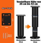 Hisumer 4 baldų kojų rinkinys, reguliuojamos baldų kojos, reguliuojamo auk&scaron;čio, 25&ndash;42 cm, metalinės, juodos, baldų kojos, sofai, televizorių spintelėms, naktiniam staliukui, vonios spintelei