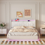 Lova su LED &scaron;viesa ir USB jungtimi, balta, flanelinė, 160*200 cm
