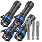 Rinkinys: 4 taktiniai LED žibintuvėliai + 3 adapteriai grąžtui (Cr-V plienas)