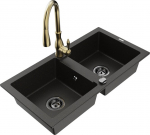 Granitinė virtuvinė plautuvė Mexen Mario su mai&scaron;ytuvu ir sifonu, Metallic black/gold+Gold