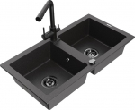 Granitinė virtuvinė plautuvė Mexen Mario su mai&scaron;ytuvu ir sifonu, Black granite+Black