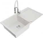 Granitinė virtuvinė plautuvė Mexen Leo su mai&scaron;ytuvu ir sifonu, White+White/Chrome