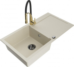Granitinė virtuvinė plautuvė Mexen Leo su mai&scaron;ytuvu ir sifonu, Beige+Black/Gold