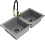 Granitinė virtuvinė plautuvė Mexen Mario su mai&scaron;ytuvu ir sifonu, Grey+Black/Gold