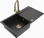 Granitinė virtuvinė plautuvė Mexen Leo su mai&scaron;ytuvu ir sifonu, Metallic black/silver+Gold