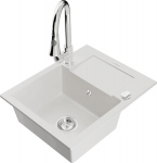 Granitinė virtuvinė plautuvė Mexen Enzo su mai&scaron;ytuvu ir sifonu, White+Chrome