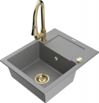 Granitinė virtuvinė plautuvė Mexen Enzo su mai&scaron;ytuvu ir sifonu, Grey+Gold