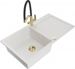 Granitinė virtuvinė plautuvė Mexen Leo su mai&scaron;ytuvu ir sifonu, White+Black/Gold