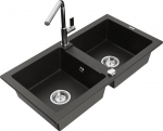 Granitinė virtuvinė plautuvė Mexen Mario su mai&scaron;ytuvu ir sifonu, Metallic black/gold+Chrome