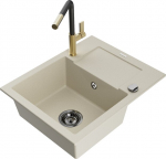 Granitinė virtuvinė plautuvė Mexen Enzo su mai&scaron;ytuvu ir sifonu, Beige+Black/Gold