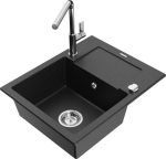 Granitinė virtuvinė plautuvė Mexen Enzo su mai&scaron;ytuvu ir sifonu, Metallic black/silver+Chrome