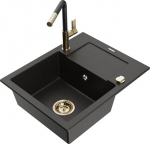 Granitinė virtuvinė plautuvė Mexen Enzo su mai&scaron;ytuvu ir sifonu, Metallic black/gold+Black/Gold