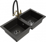 Granitinė virtuvinė plautuvė Mexen Mario su mai&scaron;ytuvu ir sifonu, Metallic black/gold+Black/Gold