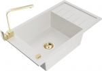 Granitinė virtuvinė plautuvė Mexen Elias su mai&scaron;ytuvu ir sifonu, White+Gold