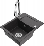 Granitinė virtuvinė plautuvė Mexen Enzo su mai&scaron;ytuvu ir sifonu, Black granite+Chrome